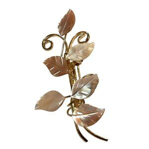 Vintage Mother Of Pearl Leaf & Gold Tone Brooch Pin 1.75"
